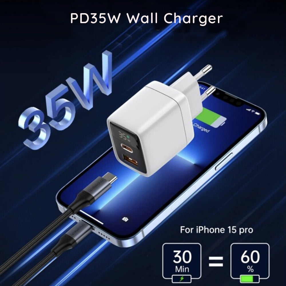 Punjač mreže Techsuit CH3 LEDChargX Display, 35W, 3A, 1 x USB-A - 1 x USB-C, Crni