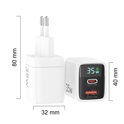 Punjač mreže Techsuit CH3 LEDChargX Display, 35W, 3A, 1 x USB-A - 1 x USB-C, Crni