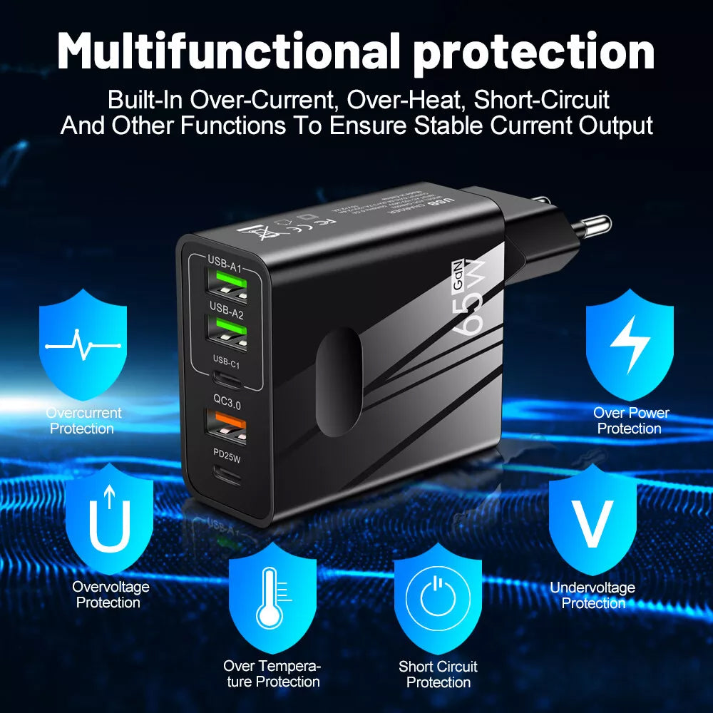 Punjač mreže Techsuit CHC1 PentaXPower, 25W, 3A, 3 x USB-A - 2 x USB-C, Crni