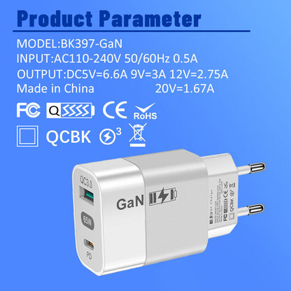 Mrežni punjač Techsuit CHPD131, 65W, 3.25A, 1 x USB-A - 1 x USB-C, Beli