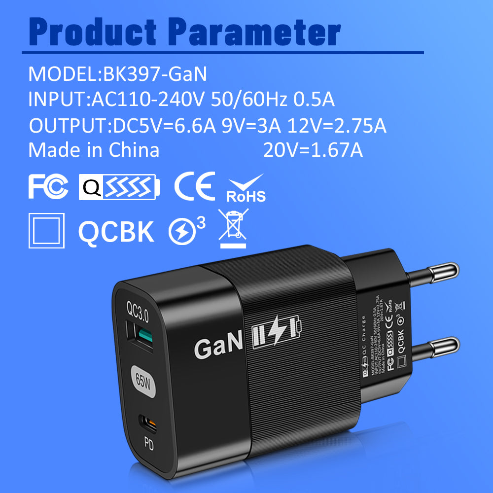 Punjač mreže Techsuit CHPD131, 65W, 3.25A, 1 x USB-A - 1 x USB-C, Crni