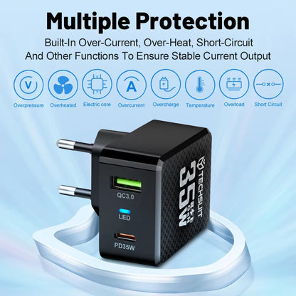 Punjač mreže Techsuit CHPD173 Tiny, 35W, 3A, 1 x USB-A - 1 x USB-C, Beli
