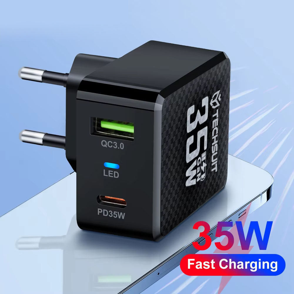 Punjač mreže Techsuit CHPD173 Tiny, 35W, 3A, 1 x USB-A - 1 x USB-C, Crni