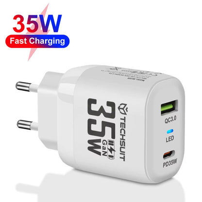 Punjač mreže Techsuit CHPD174, 35W, 3A, 1 x USB-A - 1 x USB-C, Beli