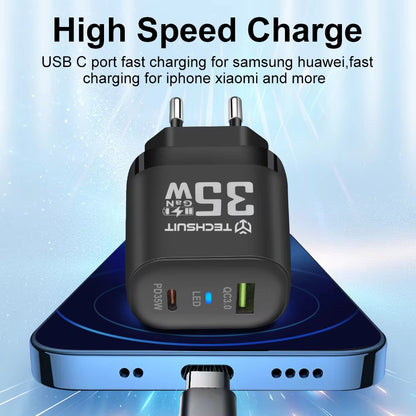 Punjač mreže Techsuit CHPD174, 35W, 3A, 1 x USB-A - 1 x USB-C, Beli