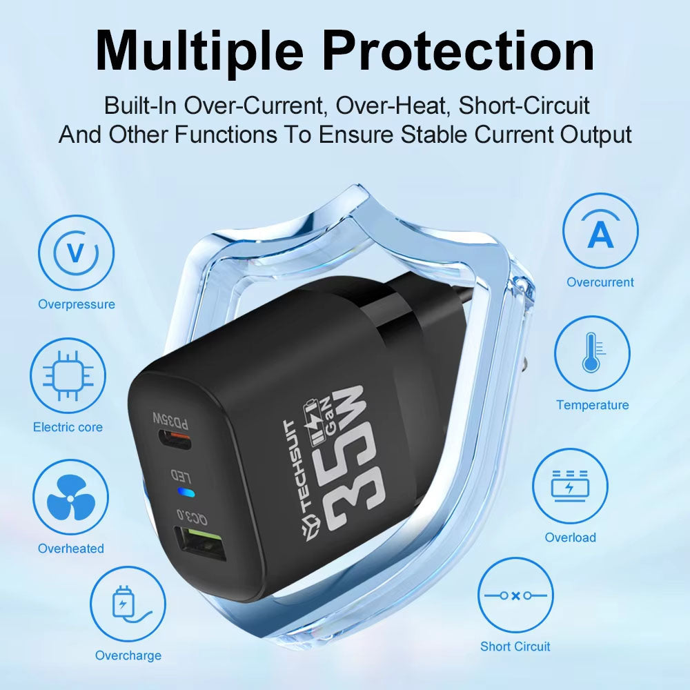 Punjač mreže Techsuit CHPD174, 35W, 3A, 1 x USB-A - 1 x USB-C, Beli