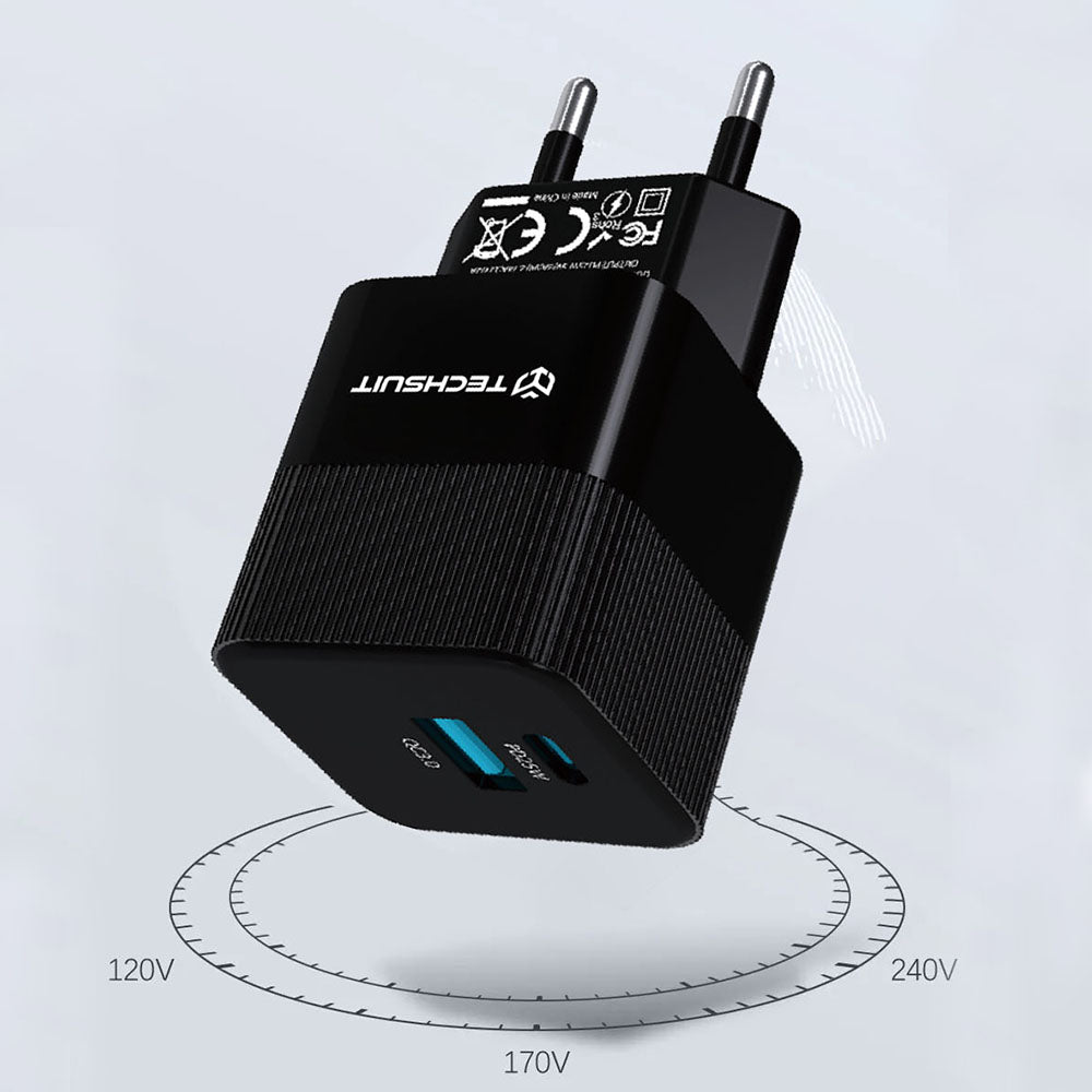 Punjač mreže Techsuit CHPD216 Tiny, 25W, 3A, 1 x USB-A - 1 x USB-C, Beli