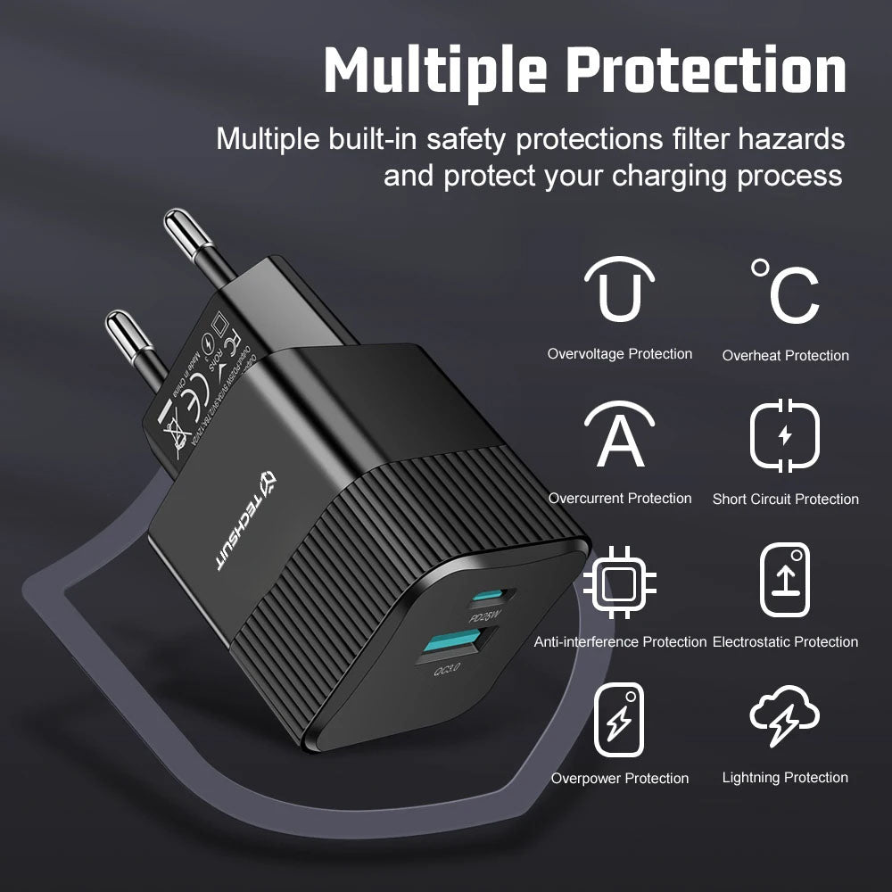 Punjač mreže Techsuit CHPD216 Tiny, 25W, 3A, 1 x USB-A - 1 x USB-C, Beli