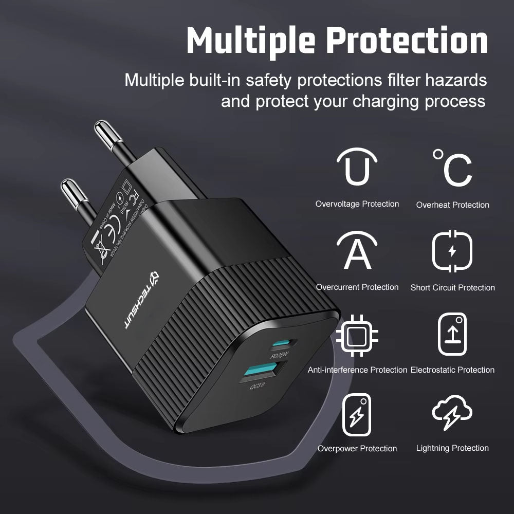 Punjač mreže Techsuit CHPD216 Tiny, 25W, 3A, 1 x USB-A - 1 x USB-C, Crni