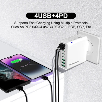 Punjač mreže Techsuit CHPD224, 65W, 3.25A, 4 x USB-A - 4 x USB-C, Beli