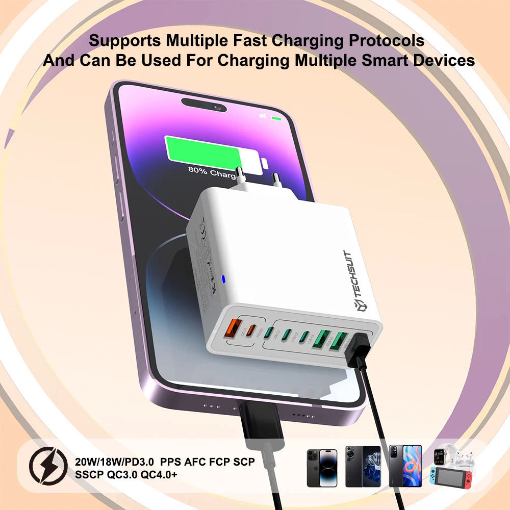 Punjač mreže Techsuit CHPD224, 65W, 3.25A, 4 x USB-A - 4 x USB-C, Beli