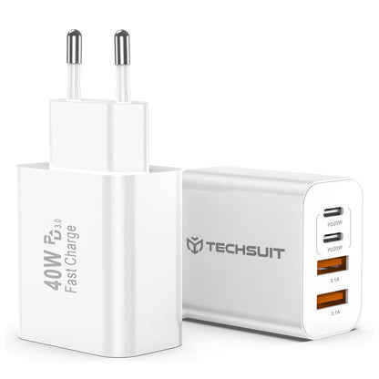 Punjač mreže Techsuit PowerXQuad CH4, 40W, 3A, 2 x USB-A - 2 x USB-C, Beli