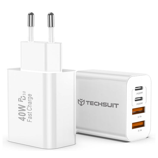 Punjač mreže Techsuit PowerXQuad CH4, 40W, 3A, 2 x USB-A - 2 x USB-C, Beli