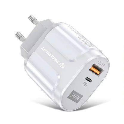 Punjač mreže Techsuit Premium, 20W, 3A, 1 x USB-A - 1 x USB-C, Beli