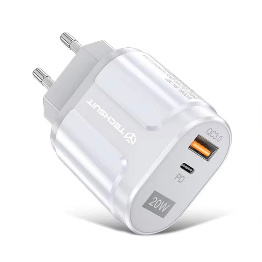 Punjač mreže Techsuit Premium, 20W, 3A, 1 x USB-A - 1 x USB-C, Beli