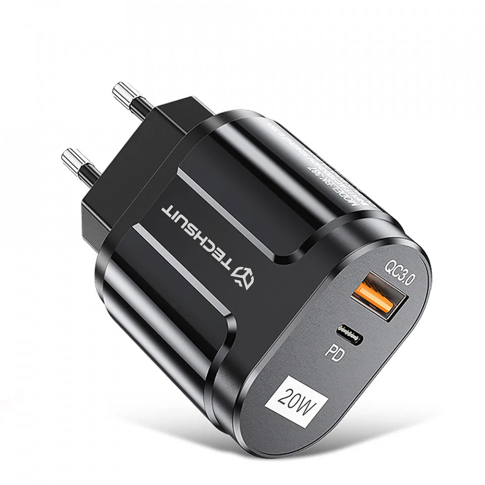 Punjač mreže Techsuit Premium, 20W, 3A, 1 x USB-A - 1 x USB-C, Crni CHPD038