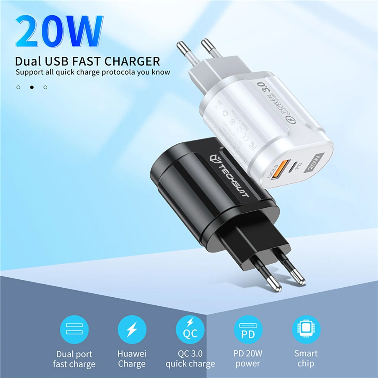 Punjač mreže Techsuit Premium, 20W, 3A, 1 x USB-A - 1 x USB-C, Crni CHPD038