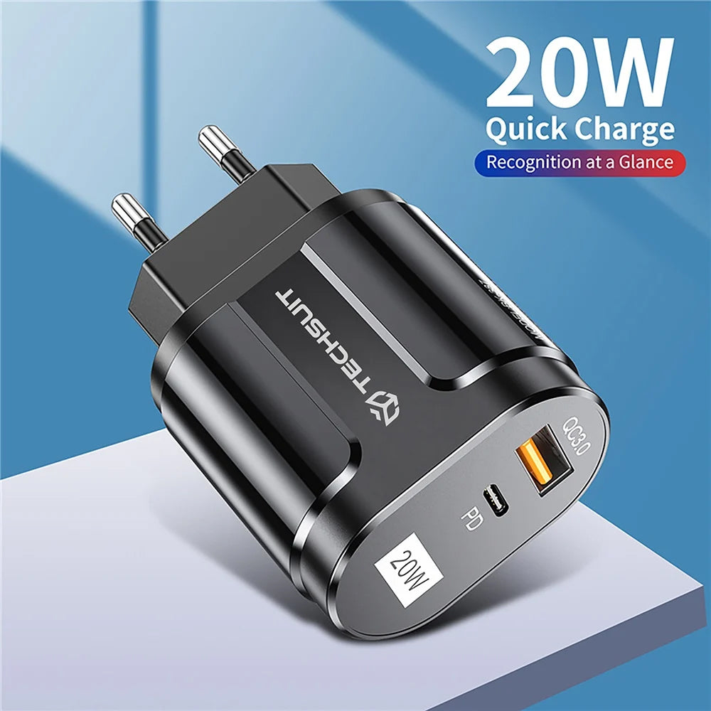 Punjač mreže Techsuit Premium, 20W, 3A, 1 x USB-A - 1 x USB-C, Crni CHPD038