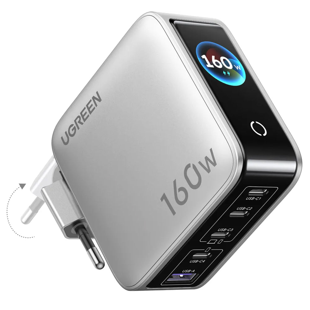 UGREEN Nexode Pro X774 (65637B) mrežni punjač sa ekranom, 160 W, 5 A, 1 x USB-A – 4 x USB-C, sivi