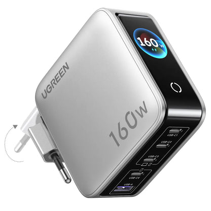 UGREEN Nexode Pro X774 (65637B) mrežni punjač sa ekranom, 160 W, 5 A, 1 x USB-A – 4 x USB-C, sivi