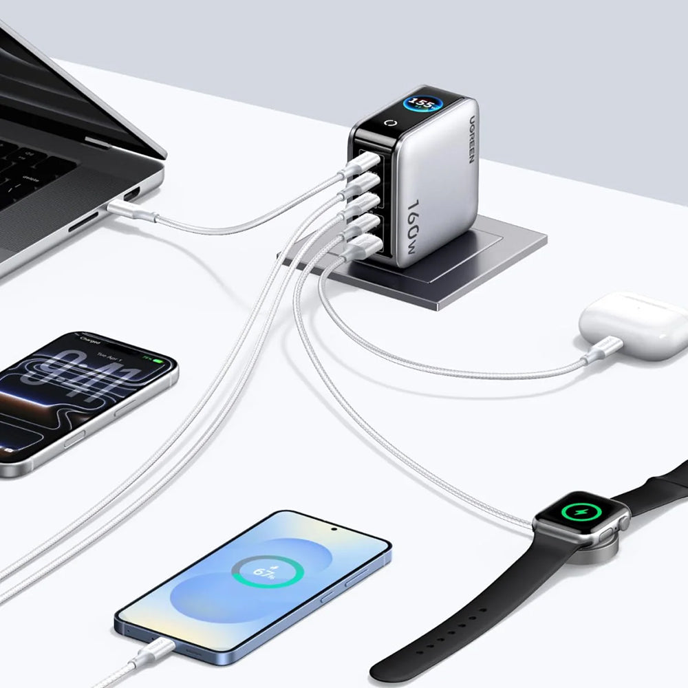 UGREEN Nexode Pro X774 (65637B) mrežni punjač sa ekranom, 160 W, 5 A, 1 x USB-A – 4 x USB-C, sivi