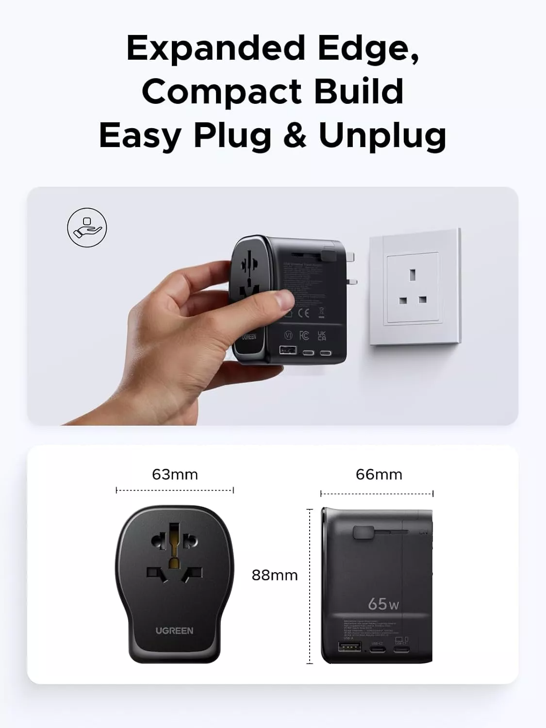 Punjač za mrežu UGREEN Travel S550 (55001), 65W, 3.25A, 1 x USB-A - 2 x USB-C, Crna