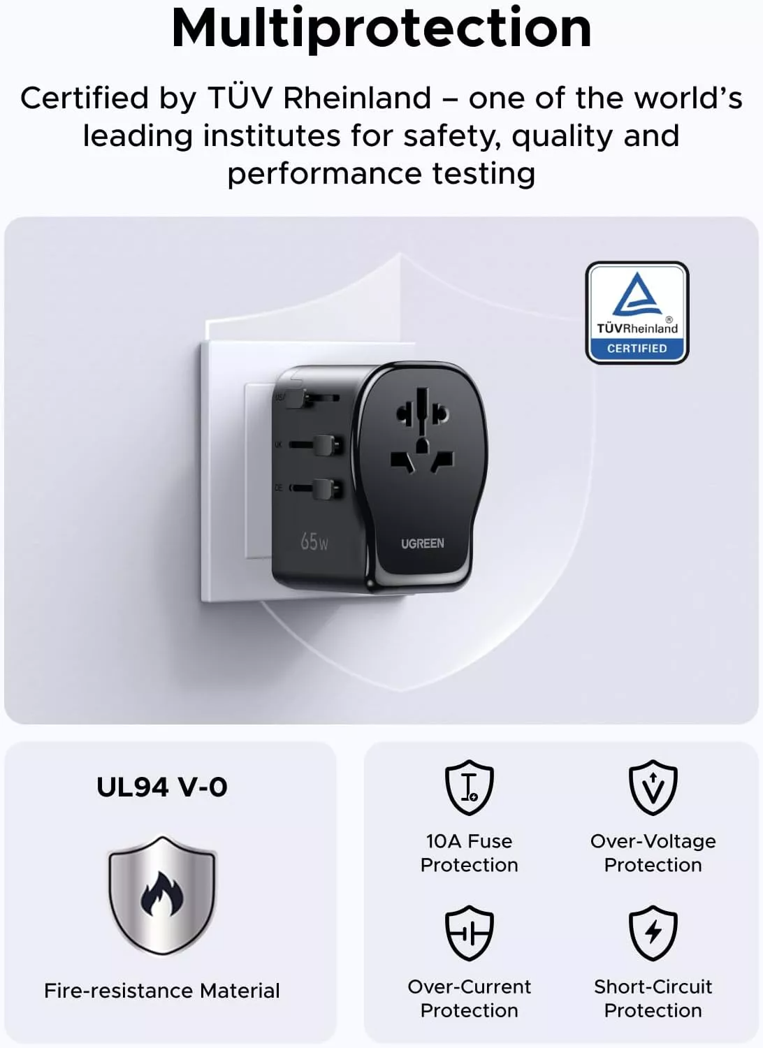 Punjač za mrežu UGREEN Travel S550 (55001), 65W, 3.25A, 1 x USB-A - 2 x USB-C, Crna