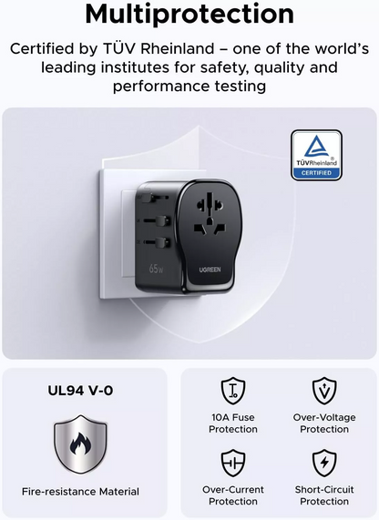 Punjač za mrežu UGREEN Travel S550 (55001), 65W, 3.25A, 1 x USB-A - 2 x USB-C, Crna