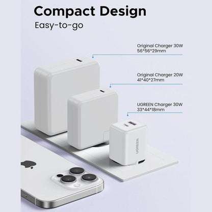 Punjač Mreže UGREEN X516, 30W, 3A, 1 x USB-A - 1 x USB-C, Beli