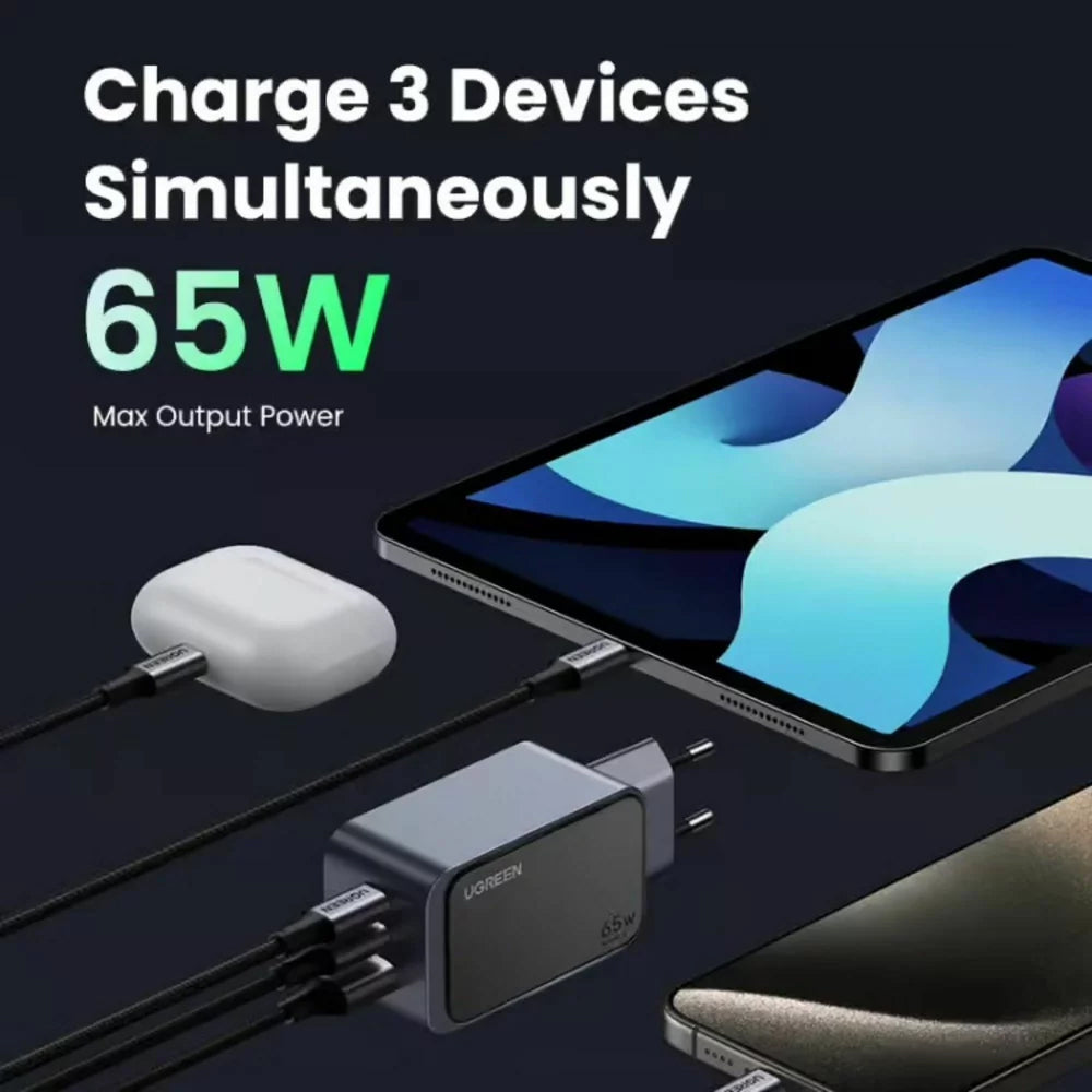Punjač UGREEN X553 Nexode Pro, 65W, 3A, 1 x USB-A - 2 x USB-C, Sivi