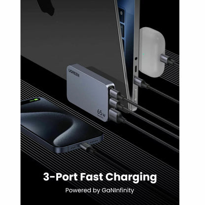 Punjač UGREEN X753 Nexode Pro, 65W, 3A, 1 x USB-A - 2 x USB-C, Sivi
