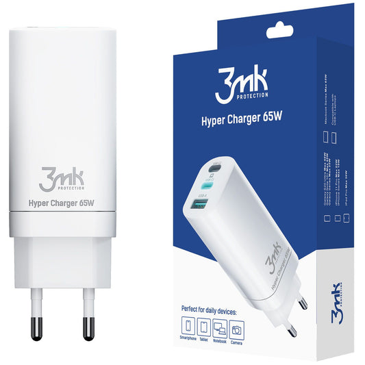 Punjač Mreže 3MK HyperCharger, 65W, 5A, 1 x USB-A - 2 x USB-C, Bela