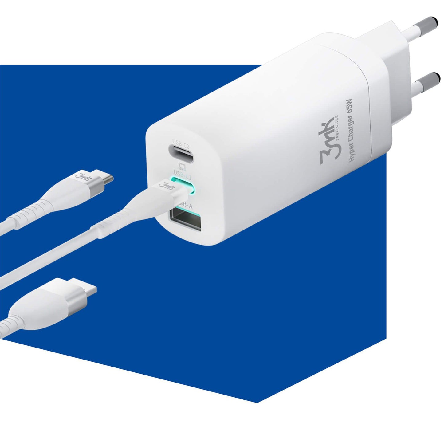 Punjač Mreže 3MK HyperCharger, 65W, 5A, 1 x USB-A - 2 x USB-C, Bela
