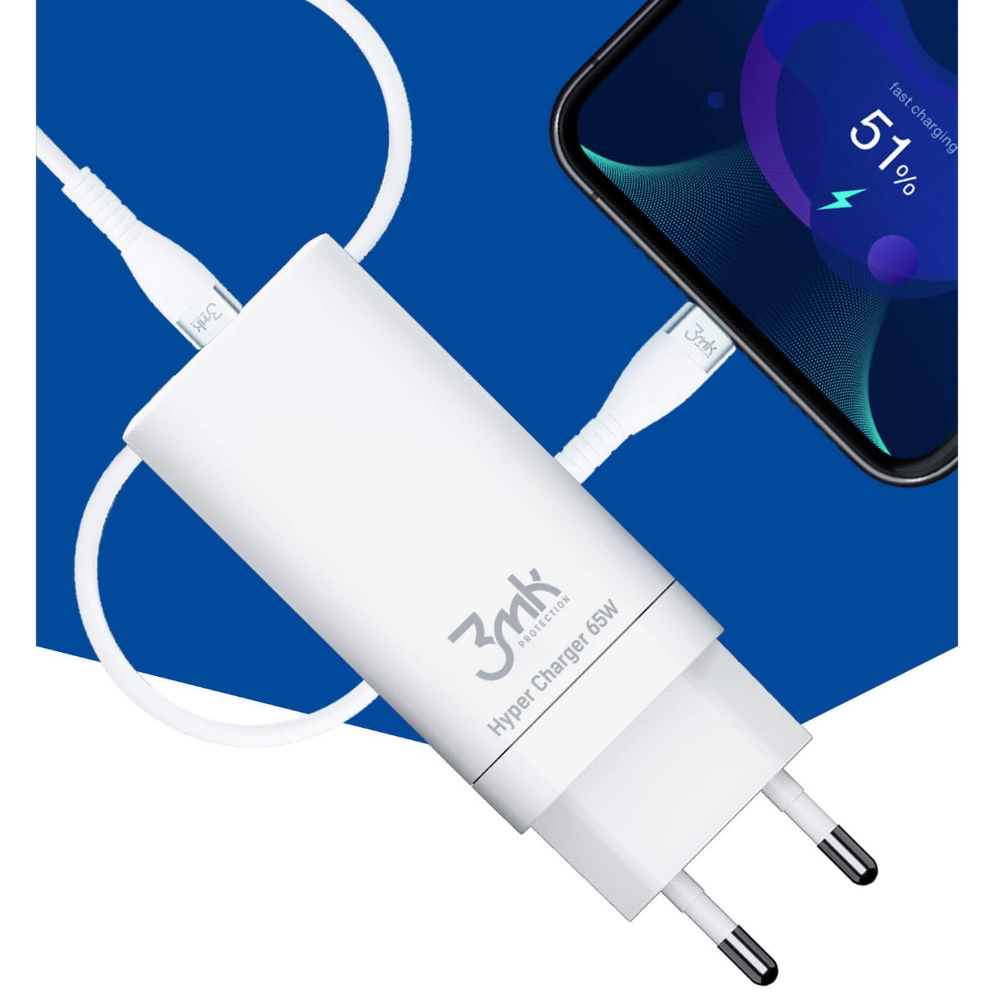 Punjač Mreže 3MK HyperCharger, 65W, 5A, 1 x USB-A - 2 x USB-C, Bela