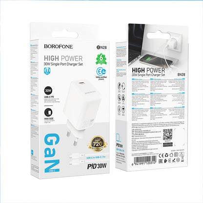 Punjač za mrežu sa USB-C kablom Borofone BN28 Fuente, 30W, 3A, 1 x USB-C, Beli