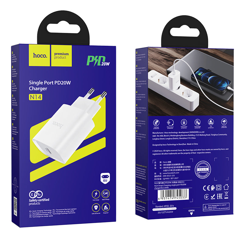 Network Charger HOCO N14, 20W, 3A, 1 x USB-C, White