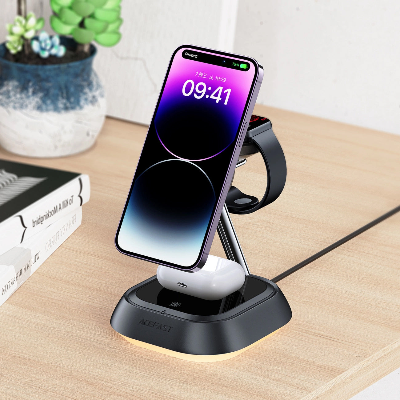 Wireless Network Charger Acefast E16 3in1, 15W, 1.67A, Black 