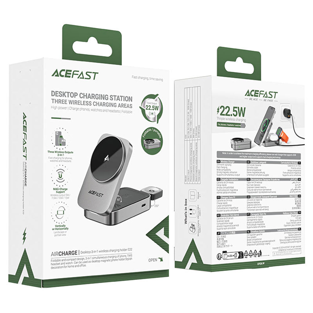 Bežični punjač Acefast E22 3u1, 22.5W, 1.67A, Sivi