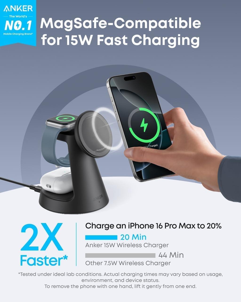 Bežični punjač Anker MagGo 3in1, 15W, 1.67A, Crni B25M4G11