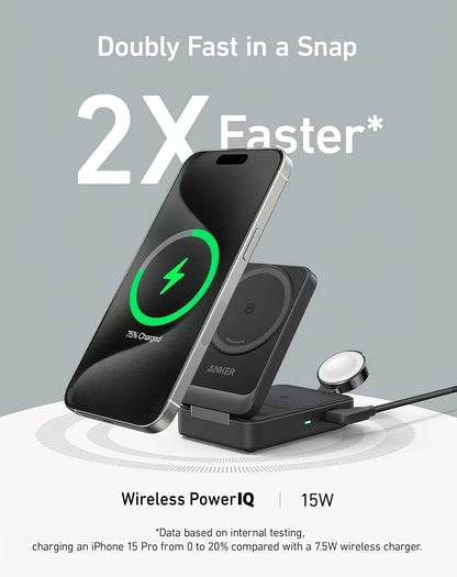 Bežični punjač Anker MagGo 3in1, 15W, 1.67A, Crni B2557311