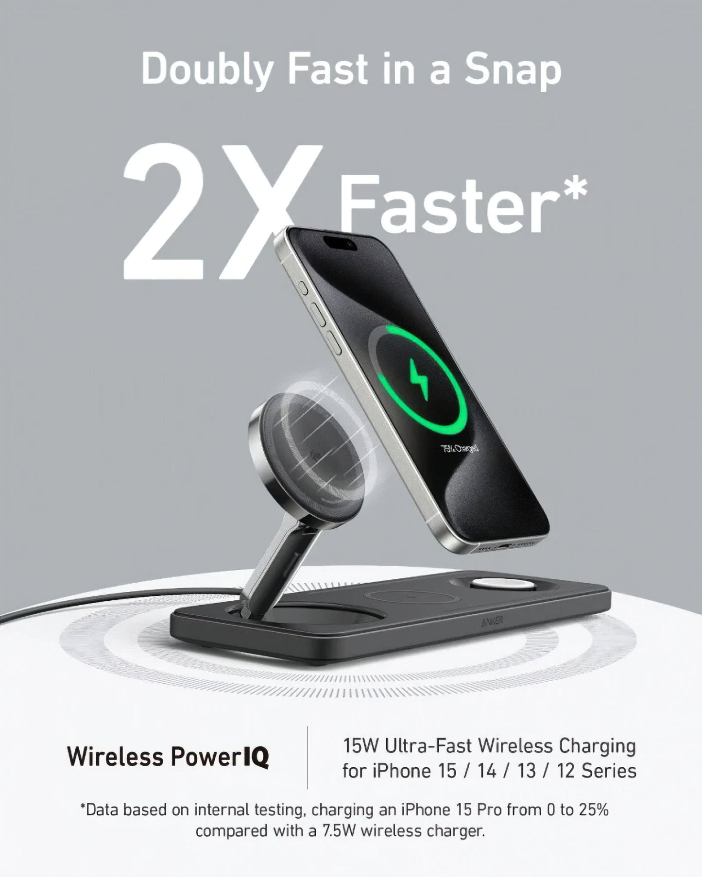 Bežični punjač Anker MagGo 3in1, 15W, 1.67A, Crni B25M1311