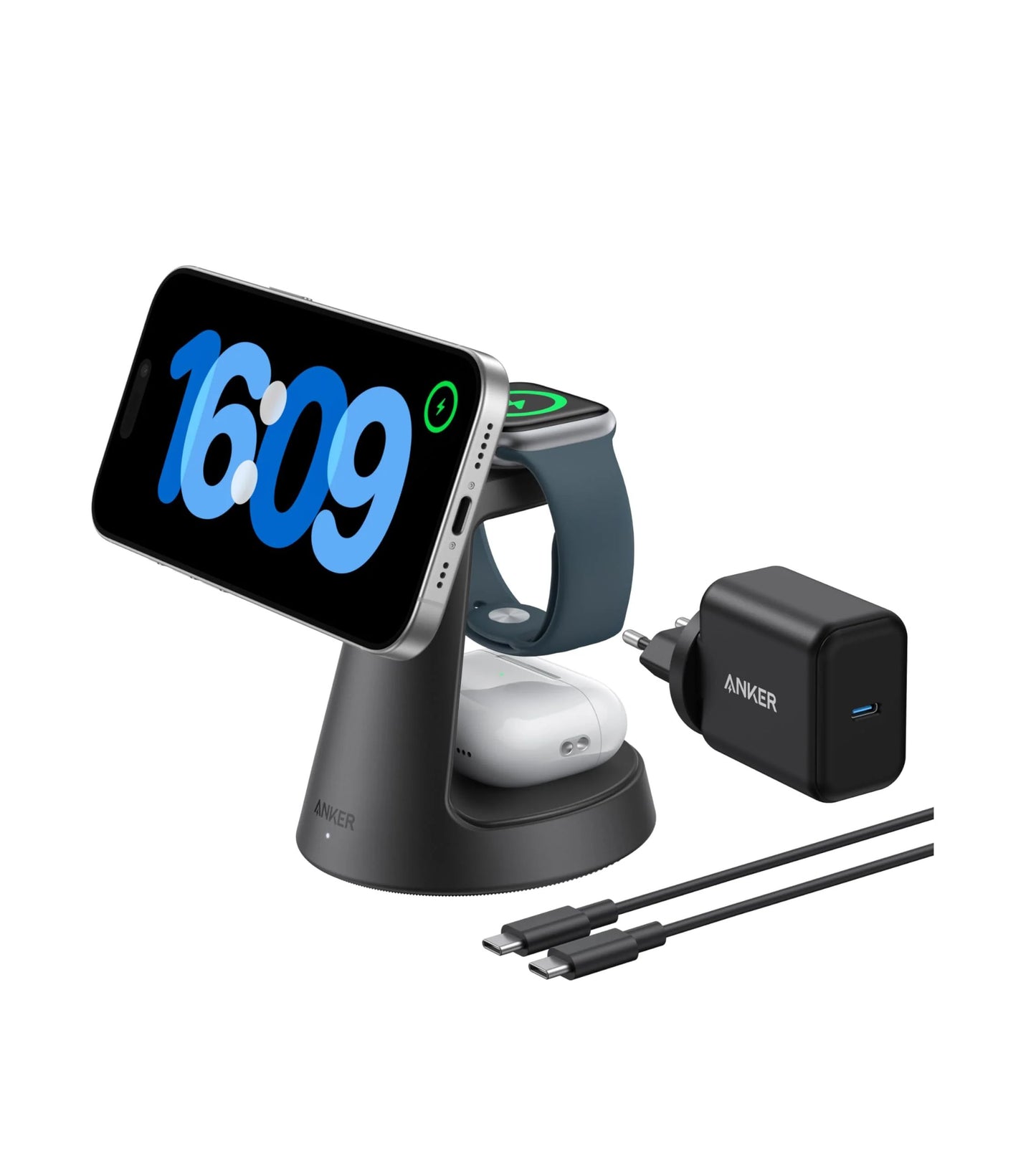 Bežični punjač Anker MagGo 3in1, 15W, 1.67A, Crni B25M4G11