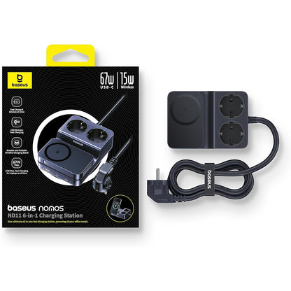 Punjač Stanica Baseus Nomos ND11 QI 6in1, 67W, 3.35A, 1 x USB-A - 2 x USB-C - 2 x Schuko, Crna P80015804213-00