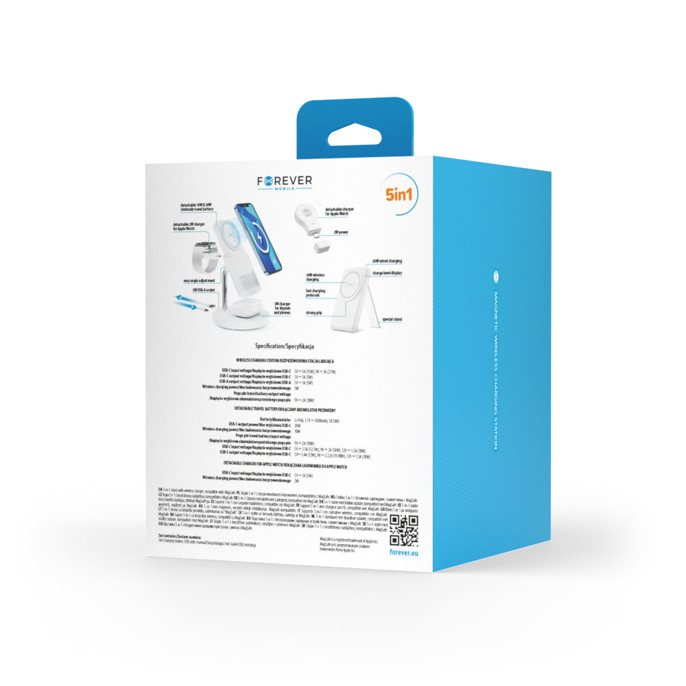 Bežični punjač Forever MACS-100 5in1, 20W, 3A, 1 x USB-A, Beli