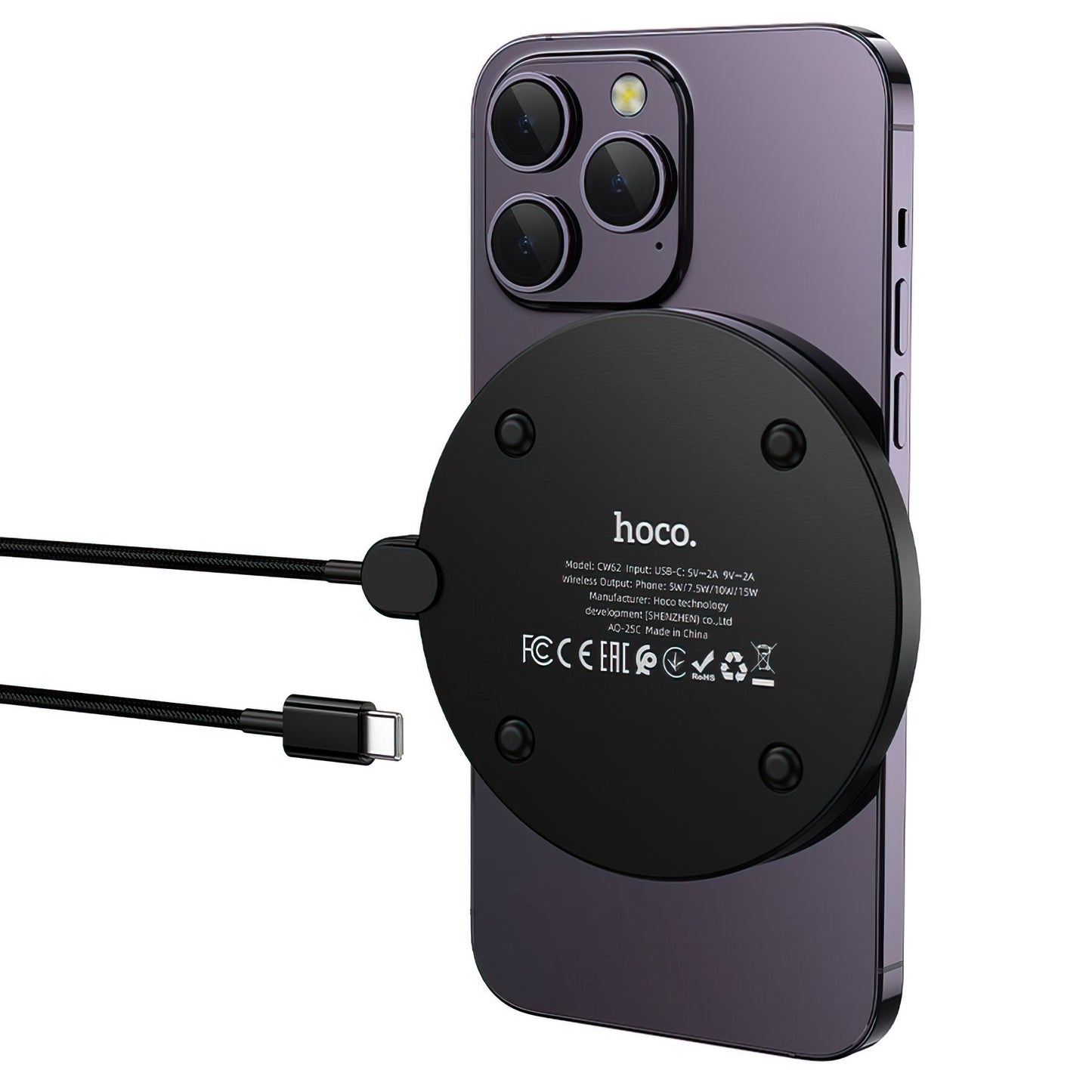 Bežični punjač HOCO CW62, 15W, 1.67A, Crni
