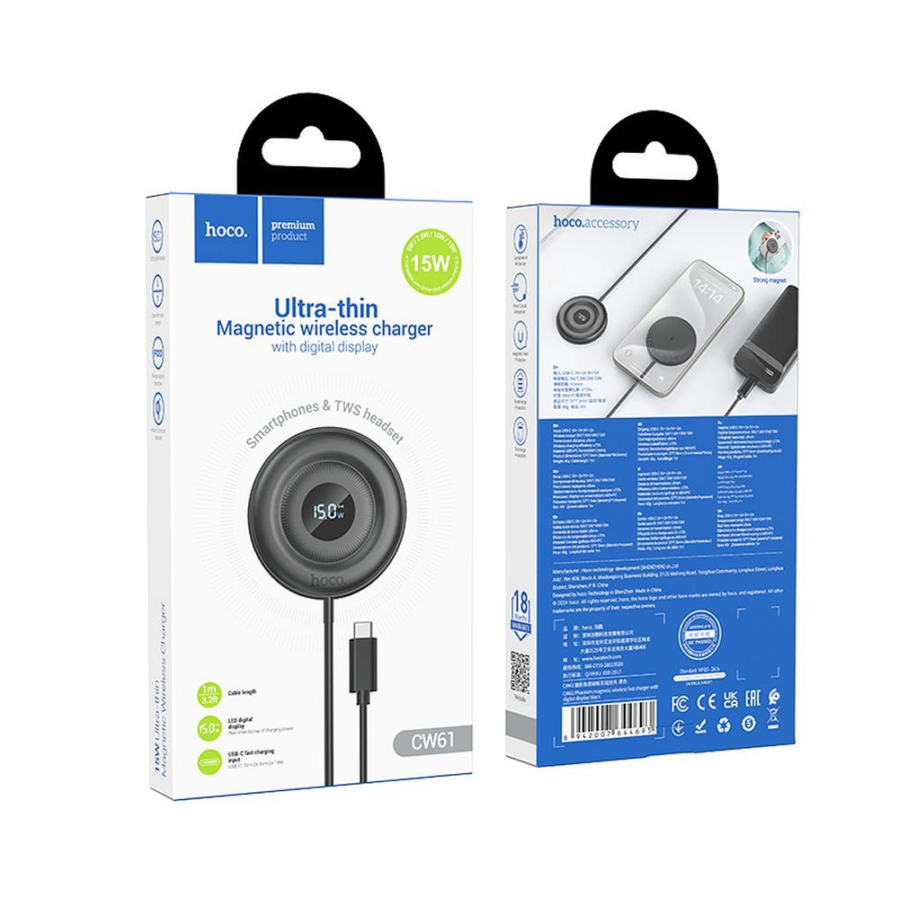 Bežični punjač HOCO CW61, 15W, 1.67A, Crni