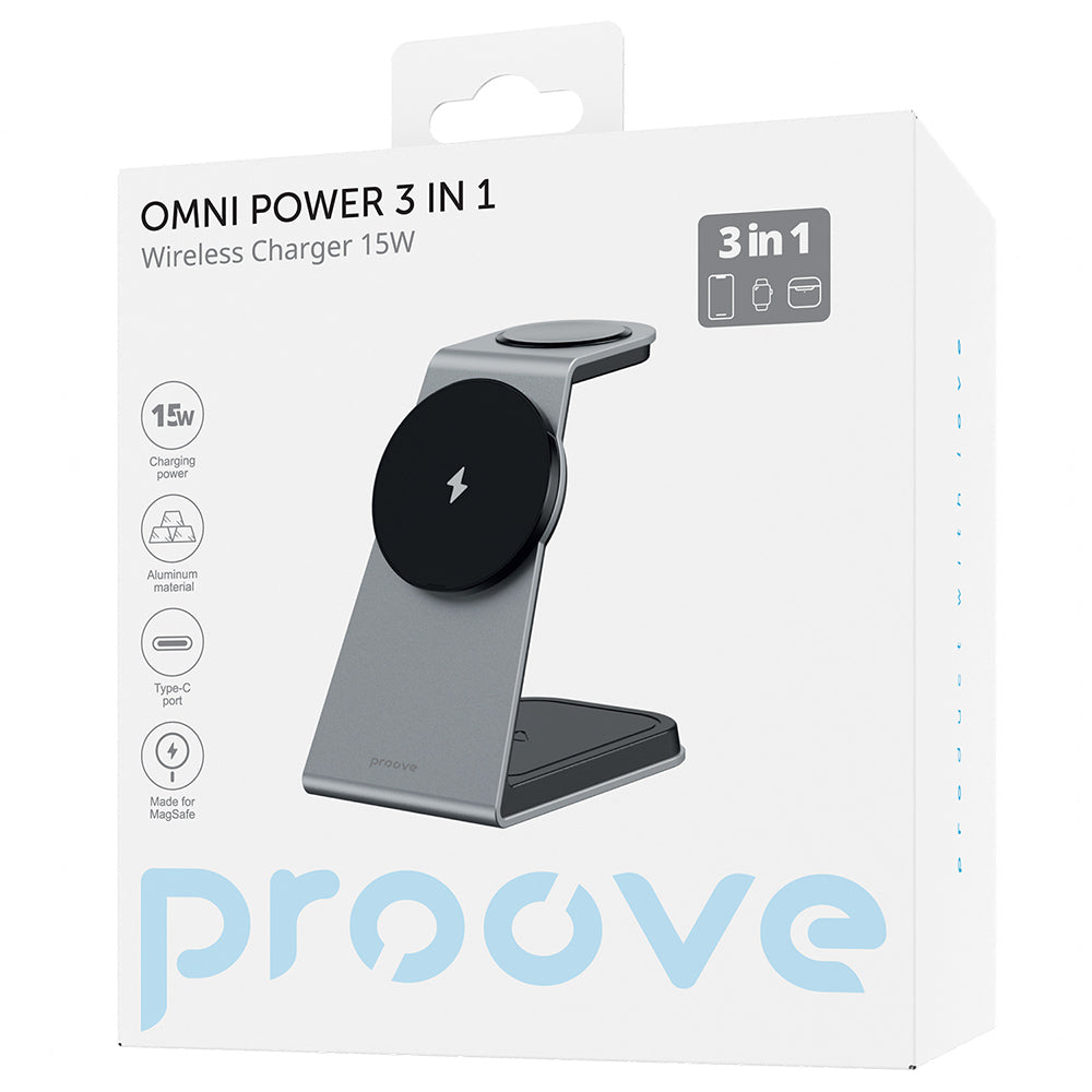 Bežični punjač Proove Omni Power 3in1, 15W, 1.67A, Sivi WSOP15020003