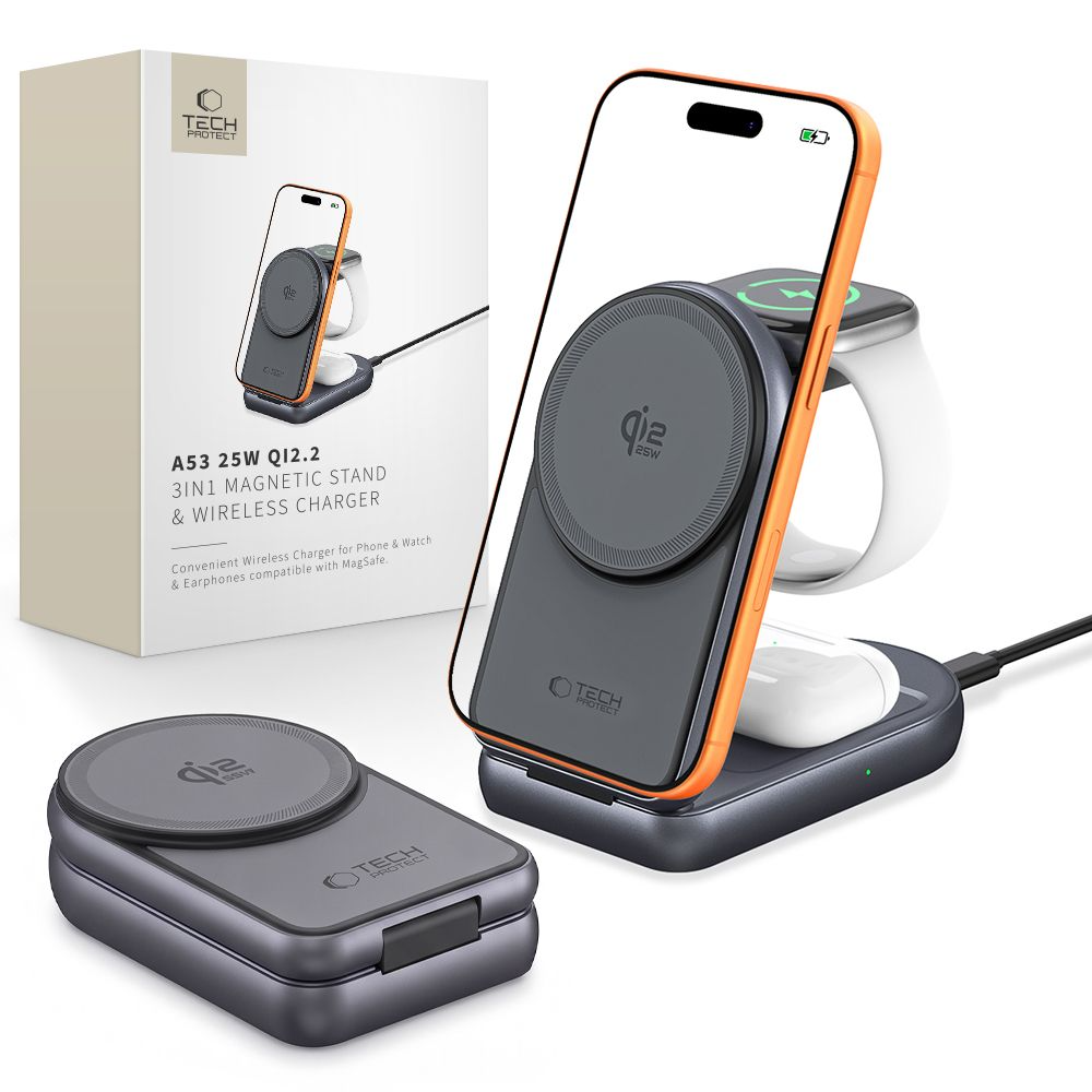 Bežični mrežni punjač Tech-Protect A53 3u1, 25W, Siva