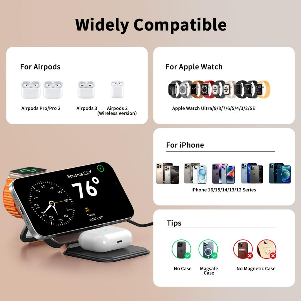 Bežični punjač XO Design CX035 3u1, 15W, 1.67A, Crni