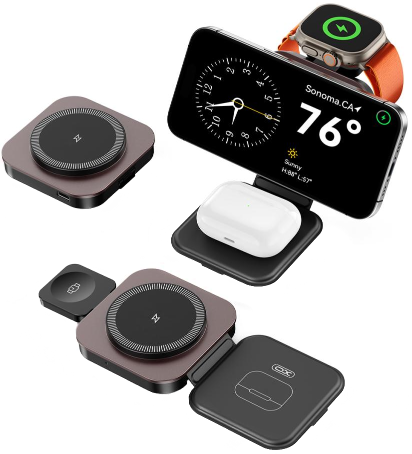 Bežični punjač XO Design CX035 3u1, 15W, 1.67A, Crni